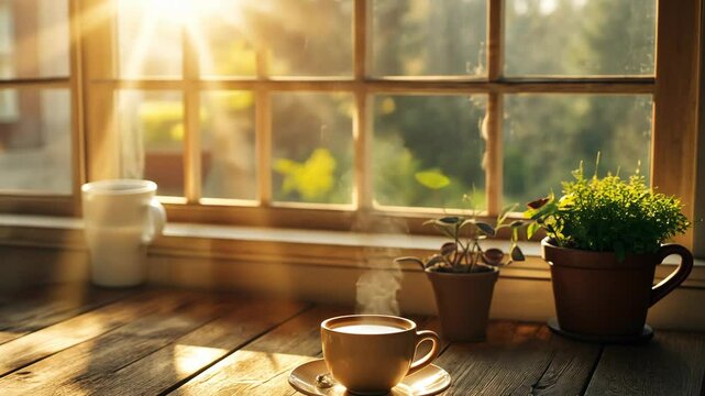 A cup of coffee sits on a wooden table next to a window, bathed in the warm morning light