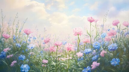 A spring meadow filled with oilpainted flowers in pastel pinks and blues