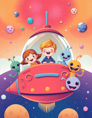 Naklejka premium Joyful kids and friendly aliens on a whimsical space adventure