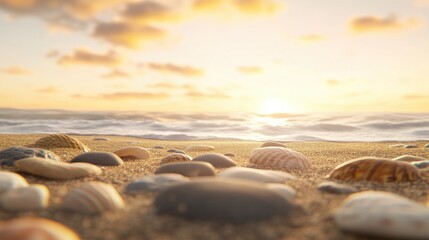 A serene beach landscape at sunrise, featuring smooth pebbles and seashells scattered on the sand, with gentle waves in the background.