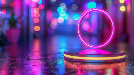 Neon Circle Display with Vibrant Bokeh Background in Pink and Blue
