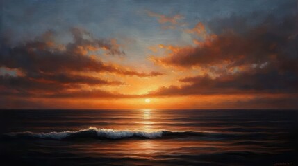 A tropical sunset in oil paint with golden yellows and fiery pinks fading into a dark sea