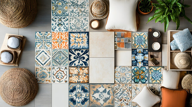 Coastal Apartment Interior Mood Board - Boho Spanish Theme with Vibrant Tile Patterns and Neutral Elements