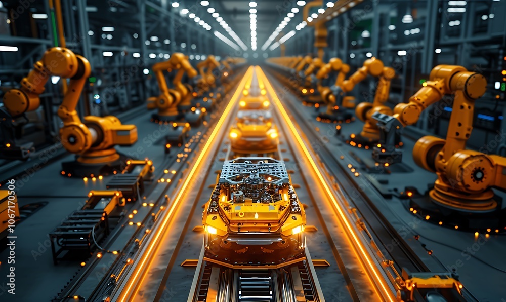 Poster An advanced manufacturing facility featuring robotic arms assembling vehicles on a vibrant production line illuminated by bright overhead lights.