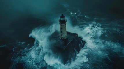 Cinematic photograph of a lighthouse on the edge of a cliff, with waves crashing against it, a dark blue sky, and stormy weather