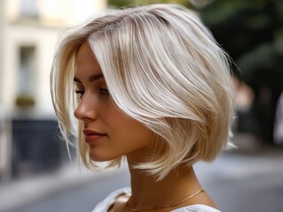 Fototapeta premium A woman with blonde hair is standing on the street