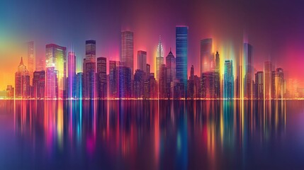 Vibrant Metallic City Skyline with Reflecting Pool