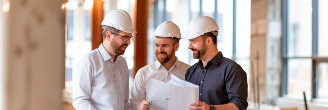 Team of Engineers in Hard Hats Reviewing Construction Plans at Building Site