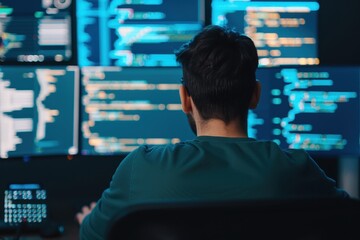 Back View of Software Engineer Working on Multiple Monitors with Code in a Dimly Lit Workspace