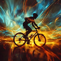 Cyclist Silhouette with Vivid Motion Blur and Energy Effects