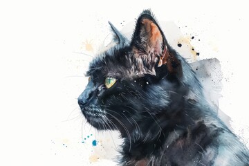 Detailed watercolor side profile of a black cat with vibrant green eyes against a white background. Fine brushstrokes capture the cat fur texture, with splashes of color adding an artistic touch