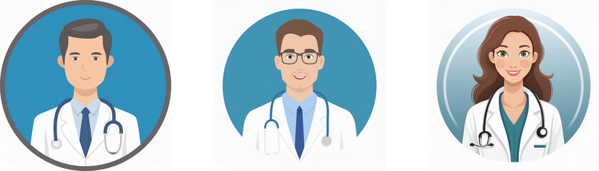 Fototapeta premium Three cartoon doctors, two men and one woman, are smiling in circular profile pictures with a blue background.