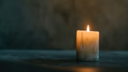 Warm glow of a single lit candle in a darkened room