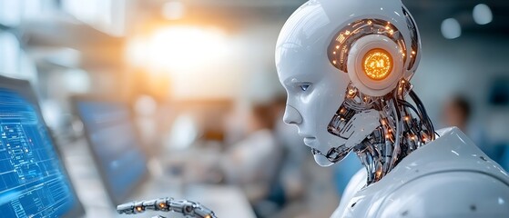 Fototapeta premium Advanced cyborg standing in a high tech cybernetic control room surrounded by glowing digital displays and futuristic technology interfaces Concept of intelligence data analytics