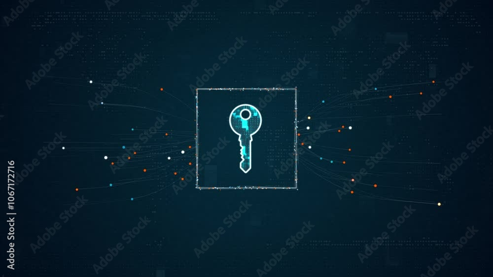 Poster motion graphic of blue digital security key logo with particles dot spread on abstract background wi