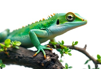Naklejka premium Vibrant Green Lizard Resting on Tree Branch on white Background