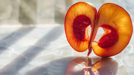 Healthy kidney-shaped fruit on white background, sliced to reveal vibrant red interior, symbolizing kidney health with copy space for text overlay.