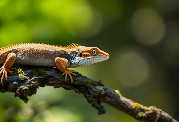 Fototapeta premium Colorful Lizard Perched on a Mossy Branch in Natural Habitat