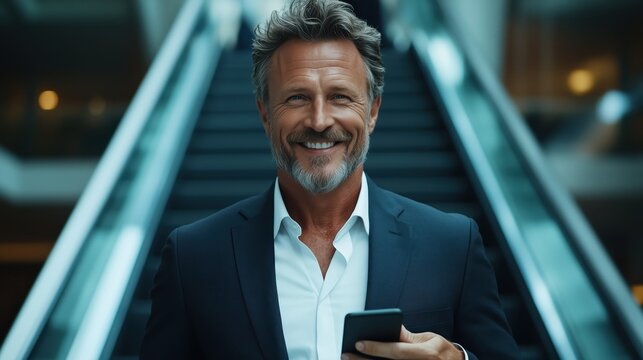 Confident businessman descends escalator smiling while using smartphone in a vibrant city - Powered by Adobe