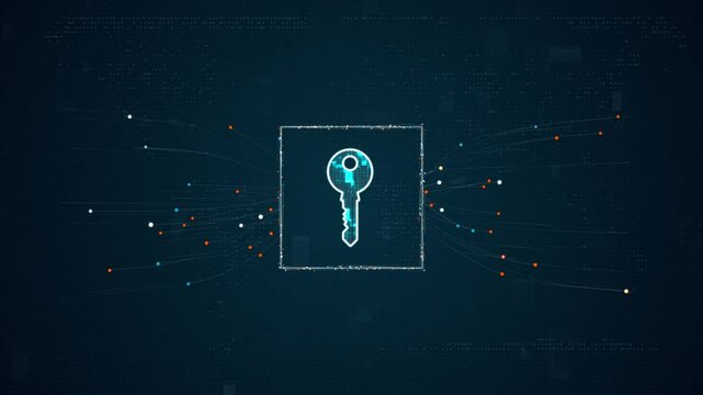 Motion graphic of Blue digital security Key logo with particles dot spread on abstract background with network firewall technology and data secure concept