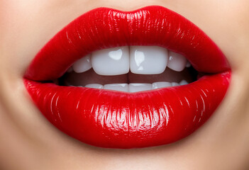 Obraz premium Closeup of red lips with a bright smile showing white, glossy teeth. Perfect for dental care or beauty concepts.