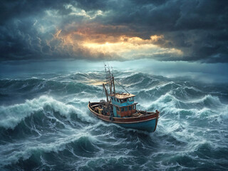 Obraz premium A small fishing boat caught in a violent storm