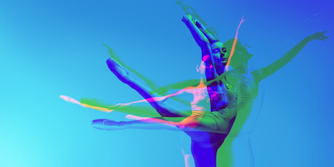 Ballet dancer dancing gracefully, with layered blue, green, and purple overlays. Fluidity and poise of ballet, expressive, surreal atmosphere. Concept of art, dance. Contemporary art collage