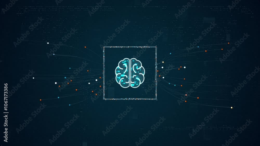 Poster motion graphic of blue digital brain ai assistant logo with particles dot spread on abstract backgro