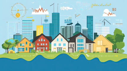 a vector illustration focused on investment or urban growth, with elements buildings, currency symbols ,financial metrics