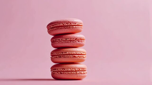 A stack of four pink macarons sits on a pink background