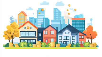 a vector illustration focused on investment or urban growth, with elements buildings, currency symbols ,financial metrics