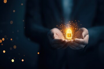 Businessman demonstrates data encryption with glowing lock symbolizing cybersecurity standards