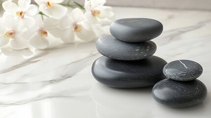 Fototapeta premium Spa stones stacked on a marble surface with white orchids in the background.