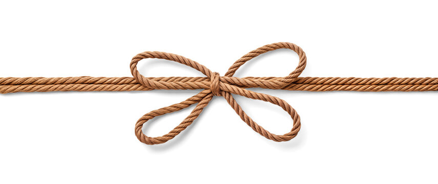 Brown Rope Bow Tied Isolated on Transparent Background. Nautical, Rustic, or Gift Wrapping Concept. PNG Image