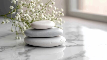 Stacked stones with white flowers on marble surface.