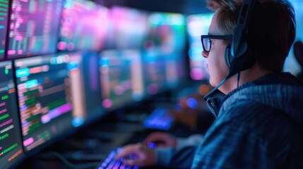 Programmer Wearing Headset Working on Multiple Monitors with Colorful Code Display