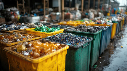 Fototapeta premium Workers sorting materials in a recycling facility, organized bins for various waste types