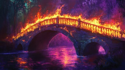 A burning bridge with flames that twist into fantastical shapes, glowing in bright hues of violet and emerald. 