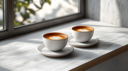 Obraz premium Two cups of latte art coffee on a windowsill with sunlight streaming in.