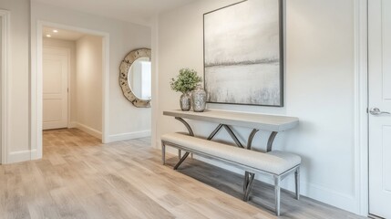Bright and airy dining room entrance with a stylish table, seating, and a large empty white wall in the background, ready for artwork or photos.