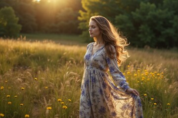Fototapeta premium Serene Young Woman in Flowing Floral Dress Walking Through Sunlit Meadow at Sunset