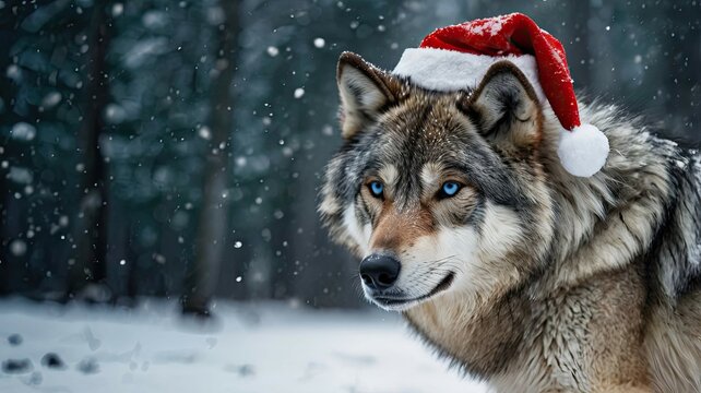 wolf in a Christmas hat against the backdrop of a decorated Christmas tree. Cozy winter atmosphere of celebration, warmth, and magic.