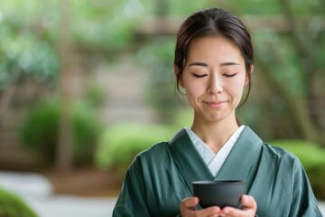 Fototapeta premium Serene Woman in Traditional Kimono Enjoying Japanese Tea Ceremony Outdoors