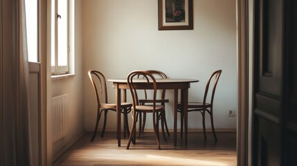 Dining room as seen from the entrance, with a cozy table and chairs, and an empty white wall behind, ideal for a relaxed, modern aesthetic.