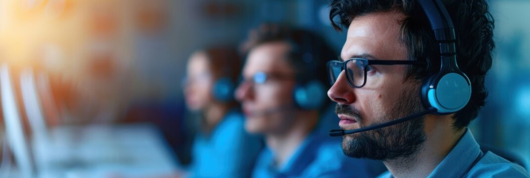 Focused Male Call Center Agent Wearing Headset Working in Customer Support Office