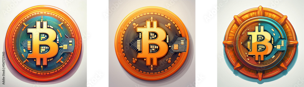 Poster Three circular coins with a bitcoin symbol in the center. Each coin has a unique design with different colors and details around the symbol.