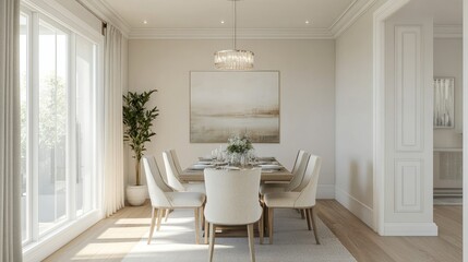 Elegant dining room entrance with a dining table and matching chairs, facing a clean, empty white wall, ready for customization with art or decor.