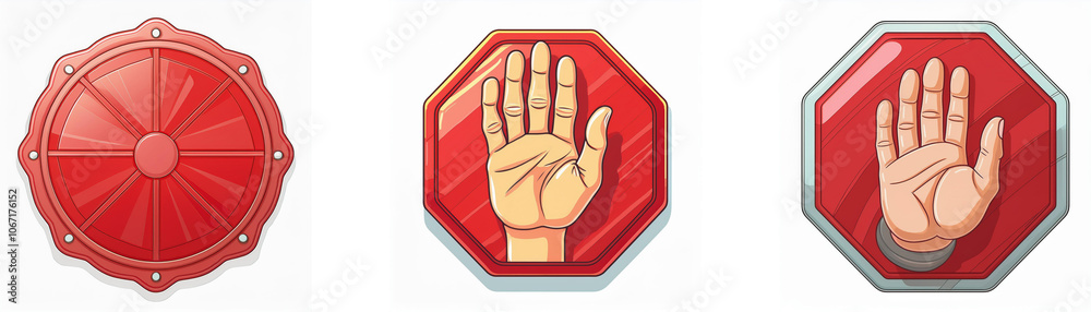 Aufkleber Three red signs, one round with spokes and two octagonal with an open hand.
