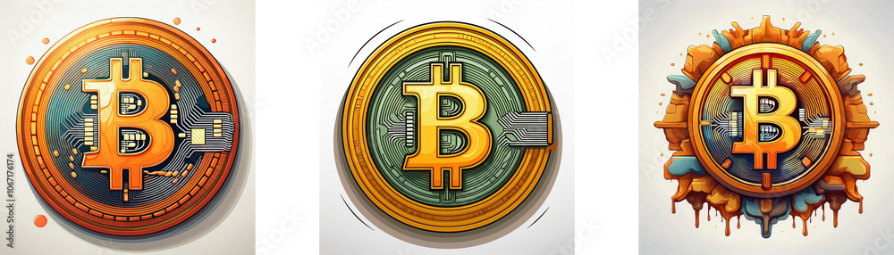 Poster three stylized representations of a bitcoin cryptocurrency symbol.