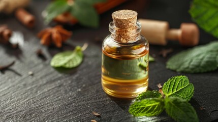 Essential oil bottle with mint leaves on dark wooden background